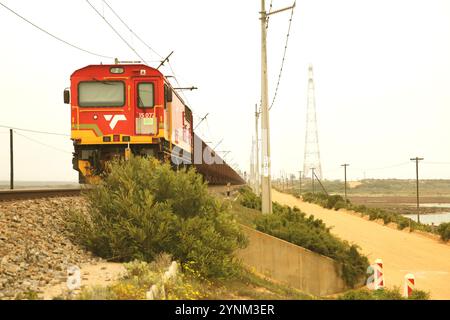 Le train Sishen-Saldanha avec des wagons-trémies de minerai quittant la baie de Saldanha sur la côte ouest de l'Afrique du Sud. Banque D'Images