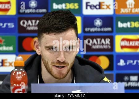 26 novembre 2024 ; Anfield et AXA Training Centre, Liverpool, Merseyside, Angleterre ; Conférence de presse et séance d'entraînement avant le match de l'UEFA Champions League entre Liverpool et le Real Madrid à Liverpool, Angleterre ; Andrew Robertson de Liverpool s'adressant aux médias lors de la conférence de presse d'aujourd'hui à Anfield avant le match de demain de la Ligue des Champions contre le Real Madrid. Banque D'Images