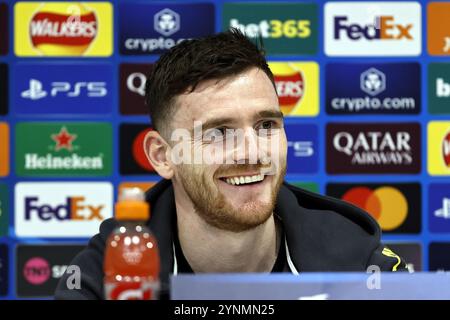 26 novembre 2024 ; Anfield et AXA Training Centre, Liverpool, Merseyside, Angleterre ; Conférence de presse et séance d'entraînement avant le match de l'UEFA Champions League entre Liverpool et le Real Madrid à Liverpool, Angleterre ; Andrew Robertson de Liverpool s'adressant aux médias lors de la conférence de presse d'aujourd'hui à Anfield avant le match de demain de la Ligue des Champions contre le Real Madrid. Banque D'Images