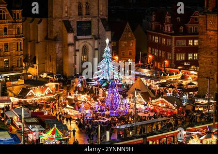 26 novembre 2024, Saxe-Anhalt, Halle (Saale) : le marché de Noël à Halle dans des lumières colorées. L'ouverture officielle a commencé avec l'allumage des lumières du sapin de Noël sur l'épinette de 13 mètres de haut. Environ 100 magasins participent sur la place du marché et devant la salle de concert Ulrichskirche. Photo : Heiko Rebsch/dpa Banque D'Images