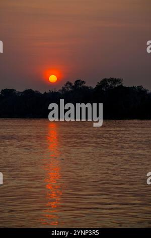 Coucher de soleil sur la rivière Cuiaba près de Porto Jofre dans le nord du Pantanal, province de Mato Grosso au Brésil. Banque D'Images