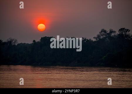 Coucher de soleil sur la rivière Cuiaba près de Porto Jofre dans le nord du Pantanal, province de Mato Grosso au Brésil. Banque D'Images