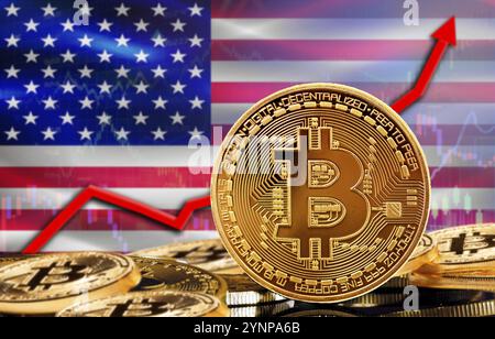 Bitcoin Rising avec drapeau USA en arrière-plan. Bitcoin avec drapeau USA en arrière-plan Banque D'Images