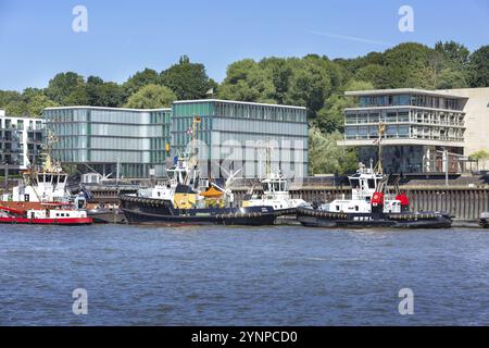 Hambourg, Allemagne, 26 juillet 2018 : vue sur la ville de l'Elbe avec port, bateaux et maisons, Europe Banque D'Images