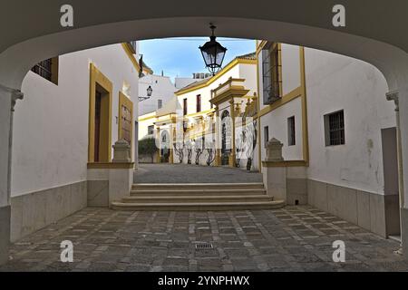 Chemin à l'intérieur de la Plaza de toros de la Real Maestranza de Caballeria de Sevilla sans visiteurs Banque D'Images