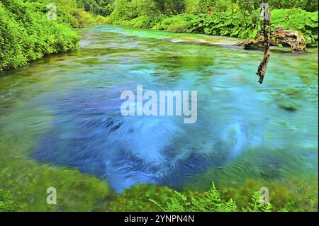 Syri i Kalter ou Blue Eye, un printemps naturel avec une couleur bleu incroyable Banque D'Images