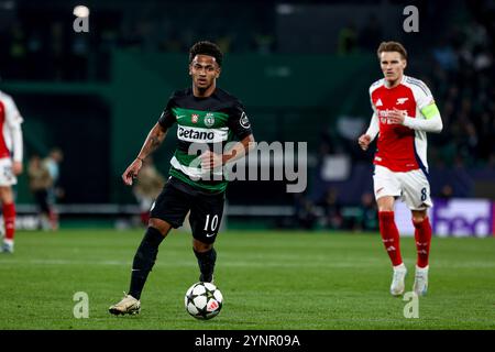 Portugal. 26 novembre 2024. Marcus Edwards attaquant du Sporting CP lors du match MD4 de l'UEFA Champions League 2024/25 entre le Sporting Clube de Portugal et l'Arsenal FC à l'Estadio Jose Alvalade le 26 novembre 2024 à Lisbonne, Portugal. UEFA Champions League - Sporting CP vs Arsenal FC (Valter Gouveia/SPP) crédit : SPP Sport Press photo. /Alamy Live News Banque D'Images