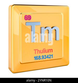 Thulium TM, signe d'élément chimique avec le numéro 69 dans le tableau périodique. Rendu 3D isolé sur fond blanc Banque D'Images