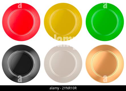 Plaques colorées vides, vue de dessus. Rendu 3D isolé sur fond blanc Banque D'Images