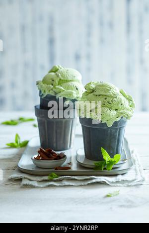 Crème glacée à la menthe poivrée maison remplie dans deux tasses en métal sur un fond en bois blanc Banque D'Images