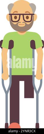 Vieil homme amputé d'une jambe. Aîné handicapé avec des béquilles Illustration de Vecteur