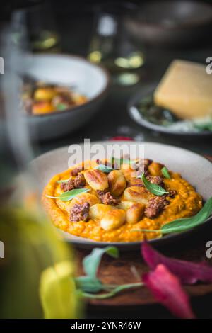 Un plan latéral d'une assiette de gnocchi et saucisse avec de la sauge sur une sauce à la citrouille. Une bouteille d'huile d'olive est dans le flou doux sur le côté gauche du fram Banque D'Images