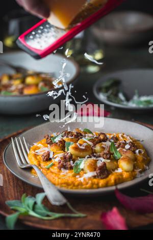 Un plan latéral d'une assiette de gnocchi et saucisse avec sauge et parmesan sur une sauce citrouille. Une main tient une râpe rouge, avec action de Banque D'Images