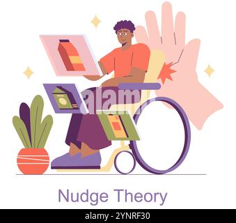 Concept d'économie comportementale. Une personne interagit avec des symboles représentant la théorie du coup de pouce. Prise de décision, architecture de choix et persuasion douce dans les illustrations. Illustration vectorielle. Illustration de Vecteur