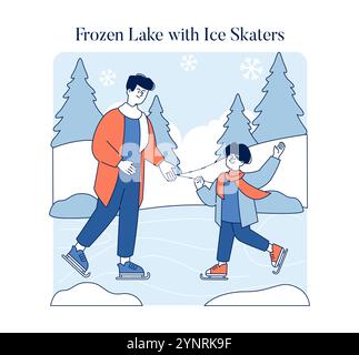 Concept de loisirs hivernaux. Un adulte et un enfant apprécient le patinage sur glace sur un lac gelé au milieu de flocons de neige et de pins. Activité extérieure saisonnière. Illustration vectorielle. Illustration de Vecteur