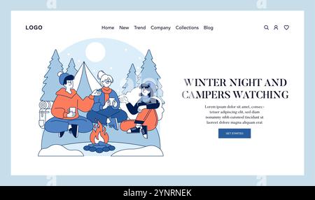 Hello Winter concept. Amis rassemblés autour d'un feu de camp dans une scène de forêt sereine, dégustant des boissons chaudes par une nuit fraîche. Illustration vectorielle. Illustration de Vecteur