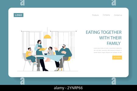 Concept de repas familial. Une illustration capturant une famille profitant d'un repas ensemble autour d'une table à manger dans un cadre de maison confortable. Illustration vectorielle. Illustration de Vecteur