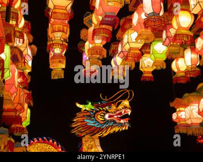 Rangées de lanternes chinoises en tissu orange et rouge illuminées dans un tunnel menant à un dragon géant à l'exposition Radiant nature du jardin botanique de Houston Banque D'Images