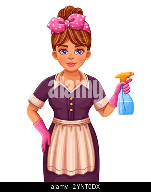 Femme de ménage mignonne, femme de ménage, femme au foyer, travailleuse de ménage. Service de nettoyage de maison. La femme de ménage de l'hôtel en uniforme tient le vaporisateur d'eau propre. Vecteur Illustration de Vecteur