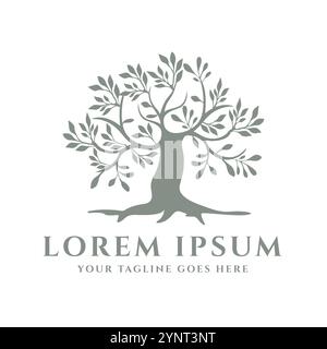 Conception d'arbre de vie avec des branches d'étalement symétriques avec de petites feuilles et un tronc solide. Convient aux entreprises écologiques, organisatio social Illustration de Vecteur