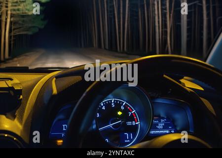 Vue d'une forêt nocturne autour d'une route de campagne à travers le pare-brise d'une voiture en mouvement Banque D'Images