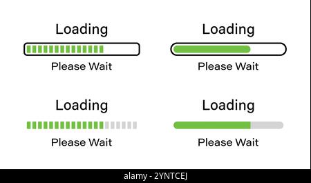 Chargement S'il vous plaît patienter symbole infographies définies en vert. Ensemble de 70 pour cent de chargement infographie dans quatre styles différents - barre, barre rectangulaire. Illustration de Vecteur