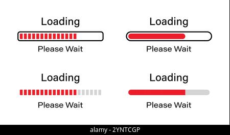 Chargement S'il vous plaît patienter symbole infographies définies en rouge. Ensemble de 70 pour cent de chargement infographies dans quatre styles différents - barre, barre rectangulaire arrondie. Illustration de Vecteur
