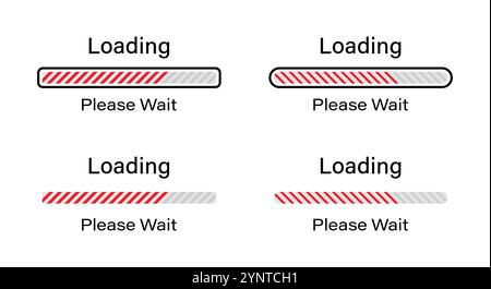 Lignes inclinées chargement, veuillez patienter symbole défini en rouge. Ensemble de lignes inclinées chargeant des infographies dans quatre styles différents - barre, rectangulaire arrondie. Illustration de Vecteur