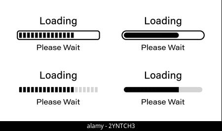 Chargement S'il vous plaît attendre que les infographies du symbole soient définies en noir. Ensemble de 70 pour cent de chargement infographie dans quatre styles différents - barre, rectangulaire arrondie. Illustration de Vecteur