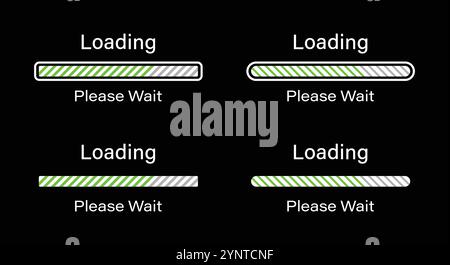 Lignes inclinées chargement, veuillez patienter symbole défini en vert. Ensemble de lignes inclinées chargeant des infographies dans quatre styles différents - barre, barre arrondie. Illustration de Vecteur