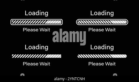 Lignes inclinées chargement, veuillez patienter symbole défini en noir. Ensemble de lignes inclinées chargeant des infographies dans quatre styles différents - barre, barre rectangulaire. Illustration de Vecteur