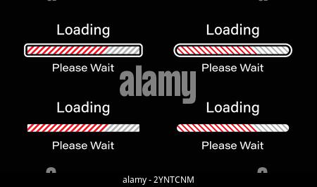 Lignes inclinées chargement, veuillez patienter symbole défini en rouge. Ensemble de lignes inclinées chargeant des infographies dans quatre styles différents - barre, barre rectangulaire. Illustration de Vecteur