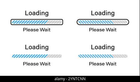 Lignes inclinées chargement, veuillez patienter symbole réglé en bleu. Ensemble de lignes inclinées chargeant des infographies dans quatre styles différents - barre, barre rectangulaire. Illustration de Vecteur