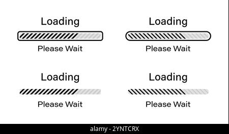 Lignes inclinées chargement, veuillez patienter symbole défini en noir. Ensemble de lignes inclinées chargeant des infographies dans quatre styles différents - barre, barre rectangulaire. Illustration de Vecteur