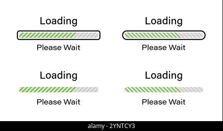 Lignes inclinées chargement, veuillez patienter symbole défini en vert. Ensemble de lignes inclinées chargeant des infographies dans quatre styles différents - barre, barre rectangulaire. Illustration de Vecteur