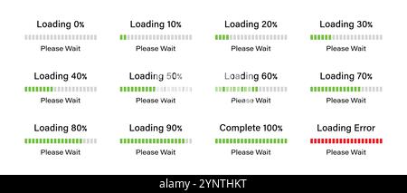 Pourcentage d'infographies de barre de chargement progressant de 0 à 100 pour cent en vert. Jeu de barres de chargement 10%, 20%, 70%, 90% et 100% infographies. Illustration de Vecteur