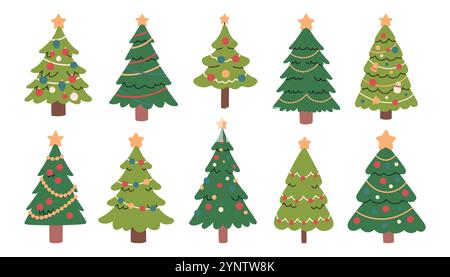 Sapin de Noël simple dans un style cartoon plat mignon. Sapins isolés du nouvel an dessinés à la main avec décoration, étoiles. Illustration de Vecteur