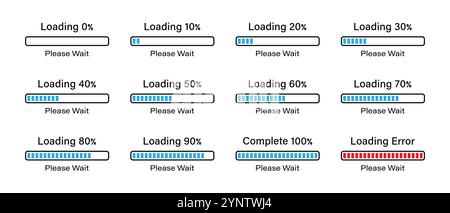 Pourcentage de chargement de l'ensemble d'infographies à barres rectangulaires progressant de 0 à 100 % en bleu. Jeu de barres rectangulaires chargement 50, 70, 90, 100%. Illustration de Vecteur
