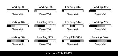 Pourcentage de chargement de l'ensemble d'infographies à barres rectangulaires progressant de 0 à 100 % en noir. Jeu de barres rectangulaires chargement 10, 50, 70, 100%. Illustration de Vecteur