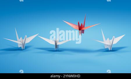 Oiseau rouge flottant parmi la grue blanche en papier oiseau. Illustration 3D artisanat de papier d'oiseau pour Hiroshima jour du souvenir minimal style concept.rendu 3D sur b Banque D'Images