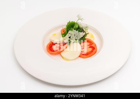 Salade de tomates et mozzarella sur une assiette en porcelaine blanche, salade Caprese Banque D'Images