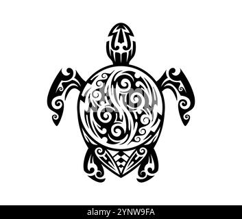 Tatouage animal reptile de tortue tribale maori rempli de motifs tourbillonnants traditionnels et d'encre noire. La forme de tortue vectorielle isolée reflète la longévité et la sagesse dans la signification culturelle et océanique Illustration de Vecteur