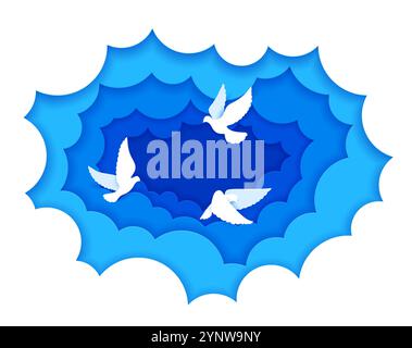 Le papier de pigeon blanc coupe les oiseaux dans les nuages. Journée mondiale de la paix, liberté et concept de religion chrétienne avec vecteur 3d colombes volant dans le ciel bleu. Pigeons dans un cadre coupé en papier avec des bordures ondulées en couches Illustration de Vecteur