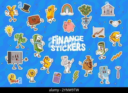 Autocollants de finance groovy de dessin animé de personnages d'argent vectoriel. Argent psychédélique mignon, banque, carte de crédit et portefeuille, dollar, euro et symboles de monnaie yen, sac d'argent, tirelire et paquet d'autocollants d'arbre Illustration de Vecteur