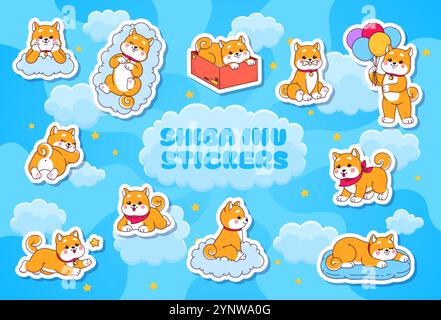 Pack d'autocollants de chiens kawaii shiba inu et de personnages de chiot, animaux de compagnie japonais vectoriels. Dessins animés Cute shiba inu chiens dormant et jouant avec des ballons, jouet en os et autocollants de boîte sur fond de ciel Illustration de Vecteur