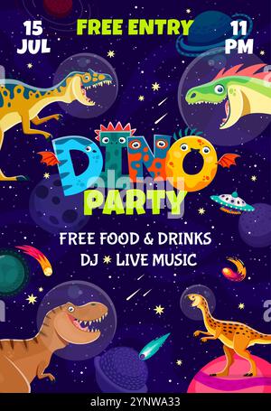 Dino Party Flyer avec des personnages d'astronautes de dinosaures sur fond de vecteur spatial extraterrestre. Bande dessinée tyrannosaurus, rapace, néovenateur et scutellosaurus avec casques spatiaux, OVNI et étoiles, affiche de fête Dino Illustration de Vecteur