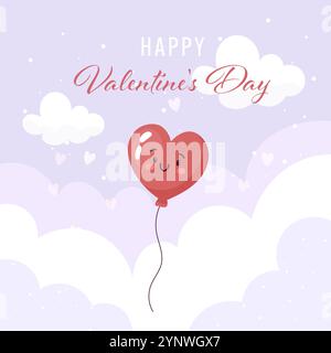 Bonne Saint Valentin, carte de ballon mignon avec fond de ciel, carré. Illustration de Vecteur