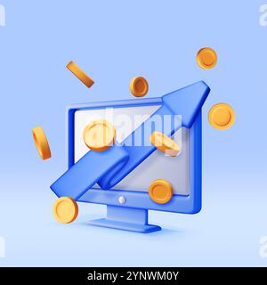 Tableau de pièces de monnaie de stock de croissance 3D et flèche sur ordinateur. Illustration de Vecteur