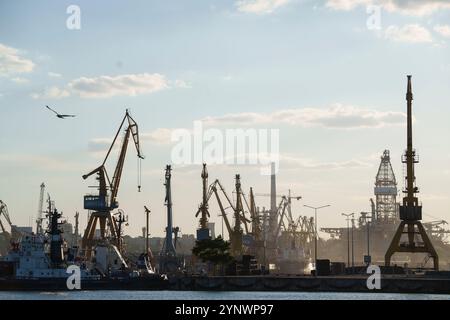 Silhouettes de grues et de cargos dans un port de commerce, au coucher du soleil. Banque D'Images