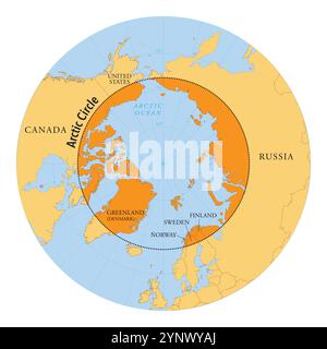 Carte du cercle arctique avec pays et régions : illustration géographique du Nord polaire Banque D'Images